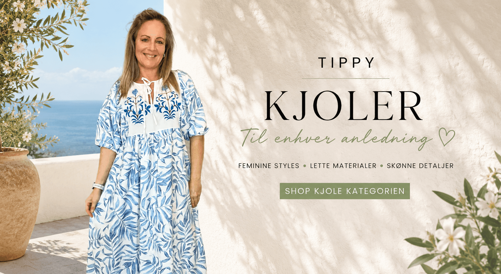 Forsidebanner med kjoler til kvinder &ndash; feminine sommerkjoler og lette styles hos TIPPY